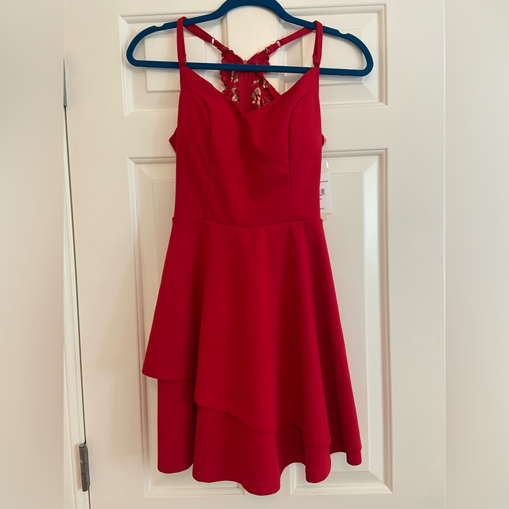 Roma red lace racer back dress